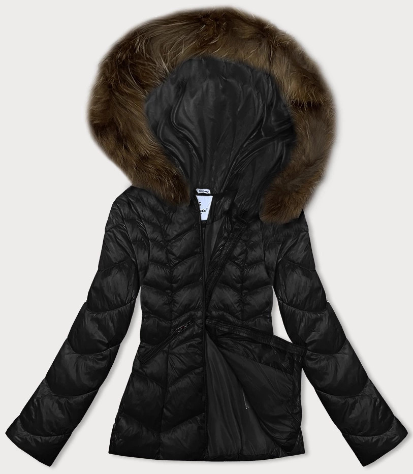 Černá prošívaná dámská bunda s kapucí Glakate pro přechodné období (LU-2202) odcienie czerni XL (42)