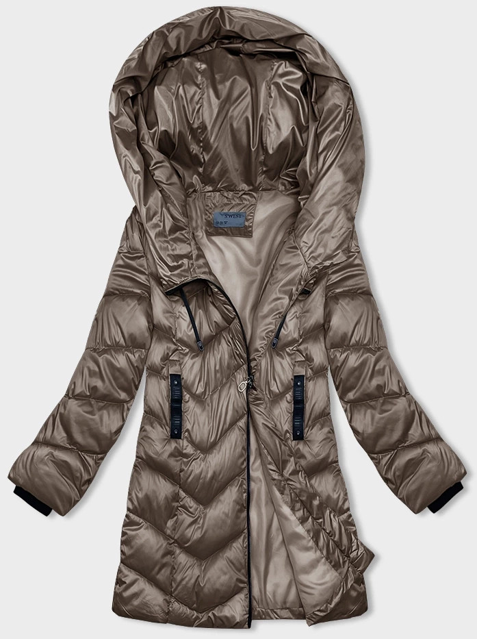 Tmavě béžová dámská zimní bunda s asymetrickým zipem (B8167-12) odcienie beżu 48