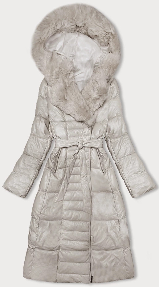 Péřový kabát z ekokůže v ecru barvě s kožešinou Ann Gissy (AG9-9003) odcienie beżu S (36)