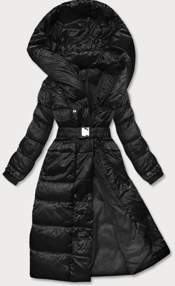 Černá dlouhá dámská bunda s opaskem (AG1-J9090) odcienie czerni M (38)