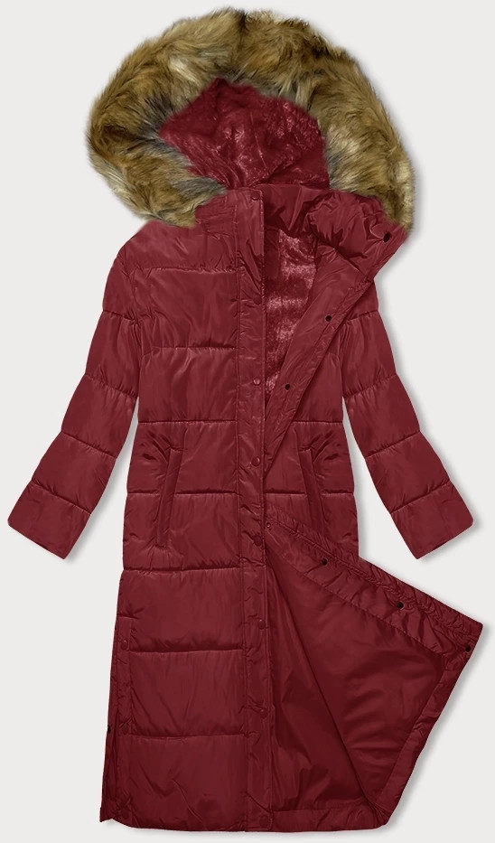 Červená dlouhá zimní bunda s kapucí (V726) odcienie czerwieni L (40)