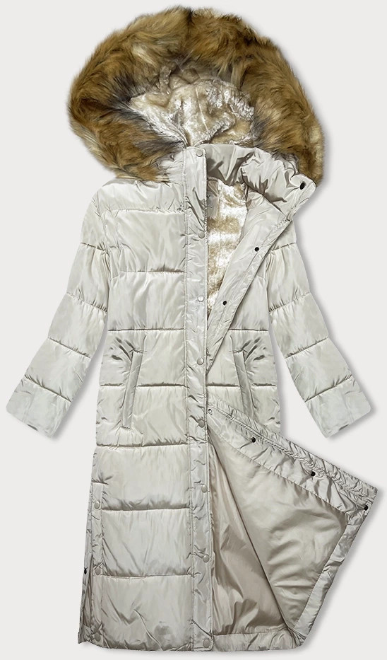Dlouhá zimní bunda v ecru barvě s kapucí (V726) odcienie bieli 46