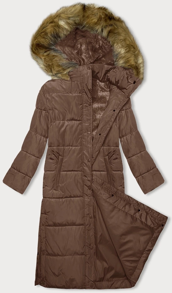 Dlouhá zimní bunda ve velbloudí barvě s kapucí (V726) odcienie beżu XL (42)