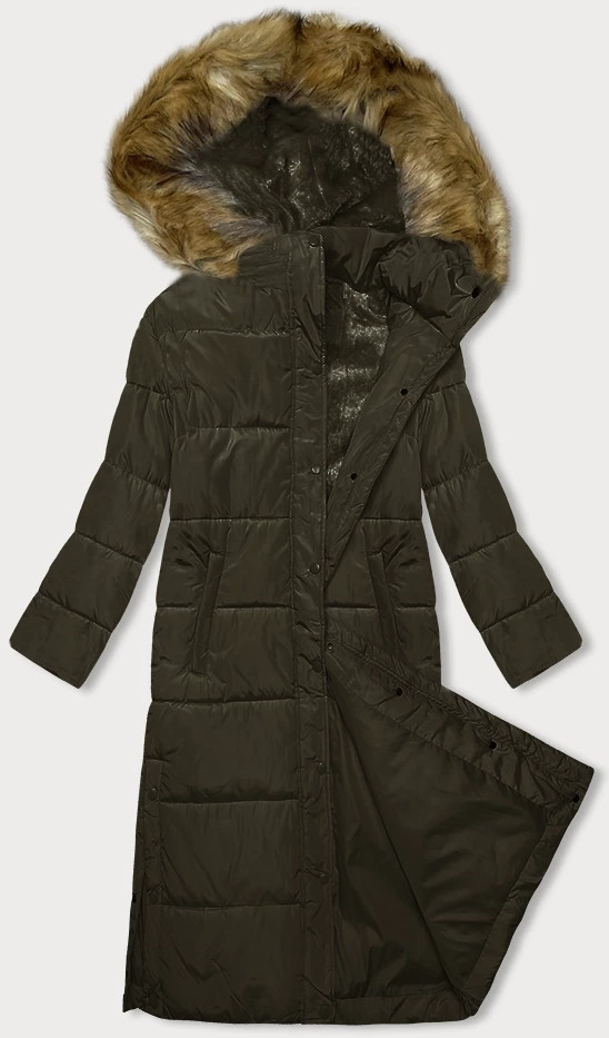 Dlouhá zimní bunda v khaki barvě s kapucí (V726) odcienie zieleni M (38)