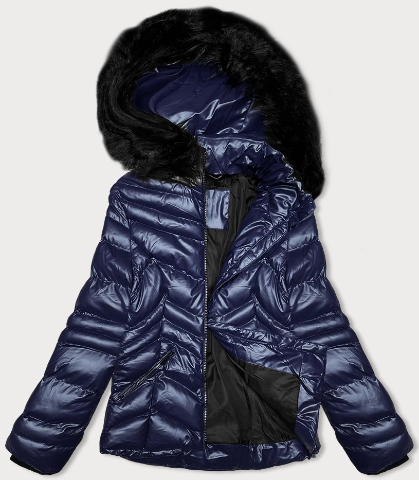 Krátká dámská prošívaná zimní bunda v švestkové barvě s kapucí J Style (58M23068-4) odcienie niebieskiego XL (42)