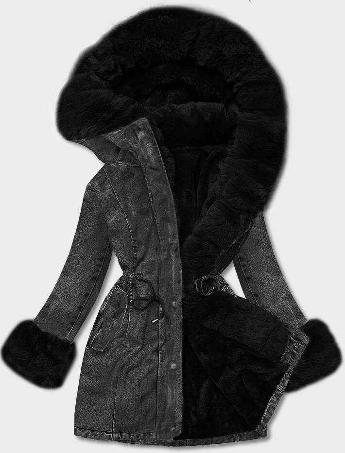 Černá dámská džínová bunda s kožešinovou podšívkou (R8068-101) odcienie czerni XL (42)
