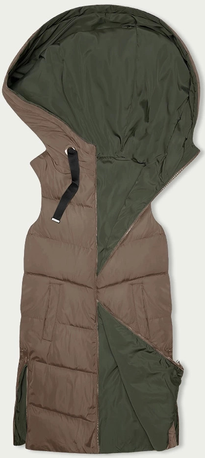 Béžovo-khaki dlouhá dámská oboustranná vesta (B8159-12) odcienie zieleni S (36)