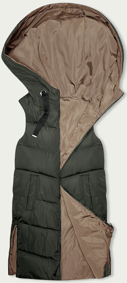 Khaki-béžová dlouhá dámská oboustranná vesta (B8159-11) odcienie zieleni S (36)