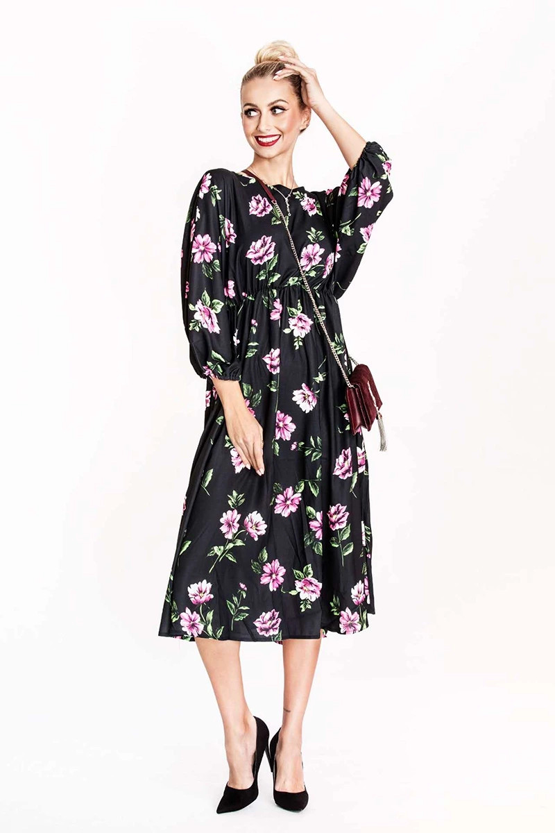 Černo/růžové dámské květované kimonové šaty s kulatým výstřihem Ann Gissy (XY202116) odcienie czerni XL (42)