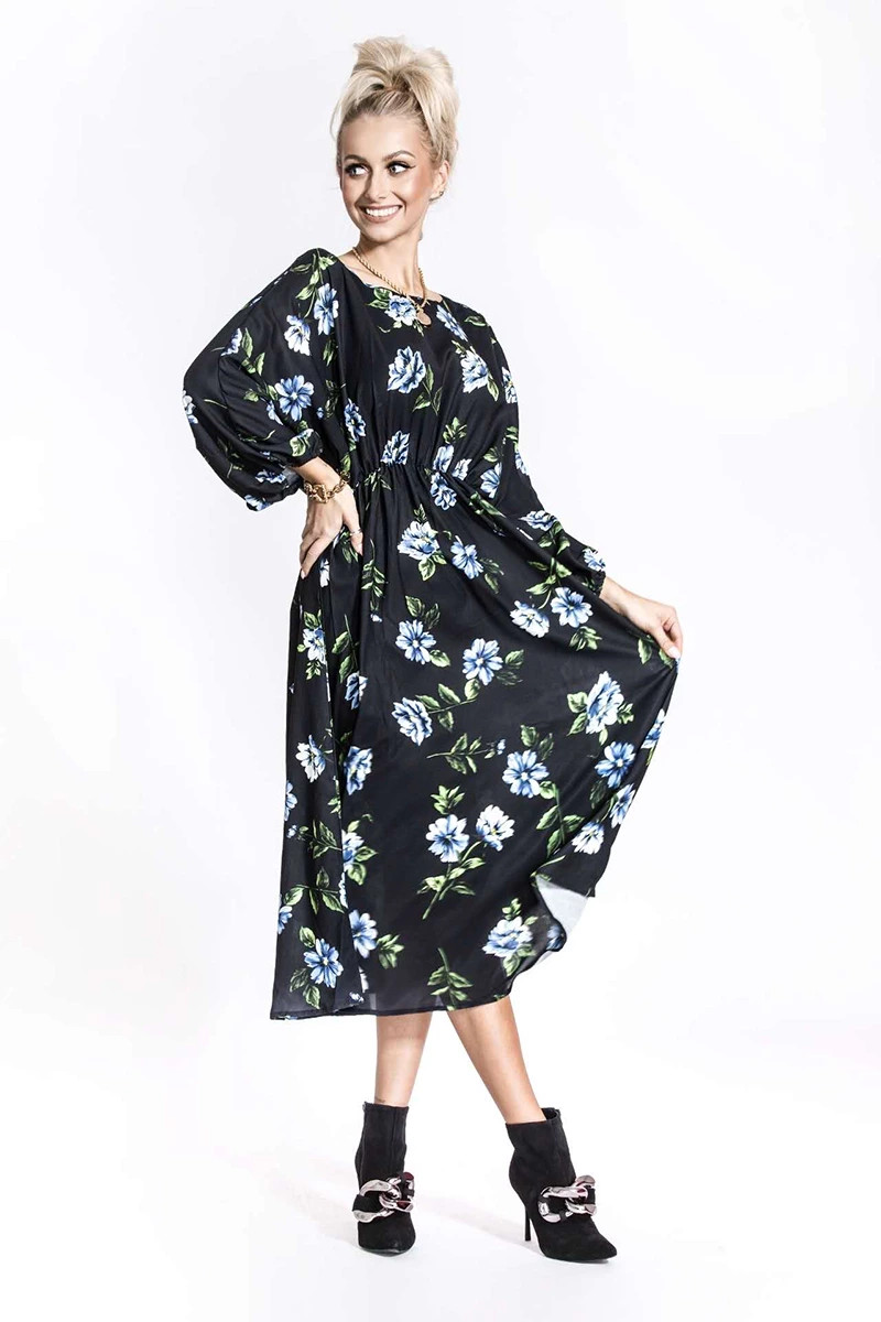 Černo/světle modré dámské květované kimonové šaty s kulatým výstřihem Ann Gissy (XY202116) odcienie czerni XL (42)