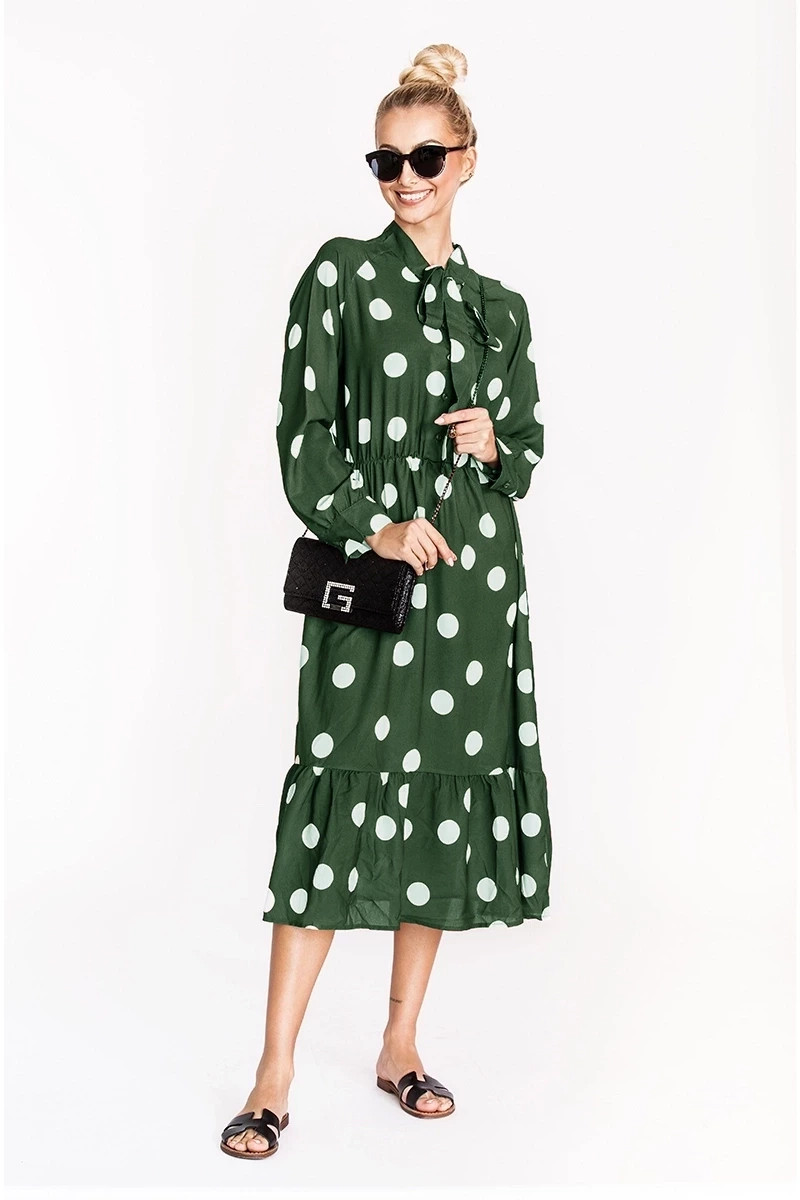 Zelené dámské puntíkované šaty s vázáním ve výstřihu Ann Gissy (DLY019) odcienie zieleni XL (42)