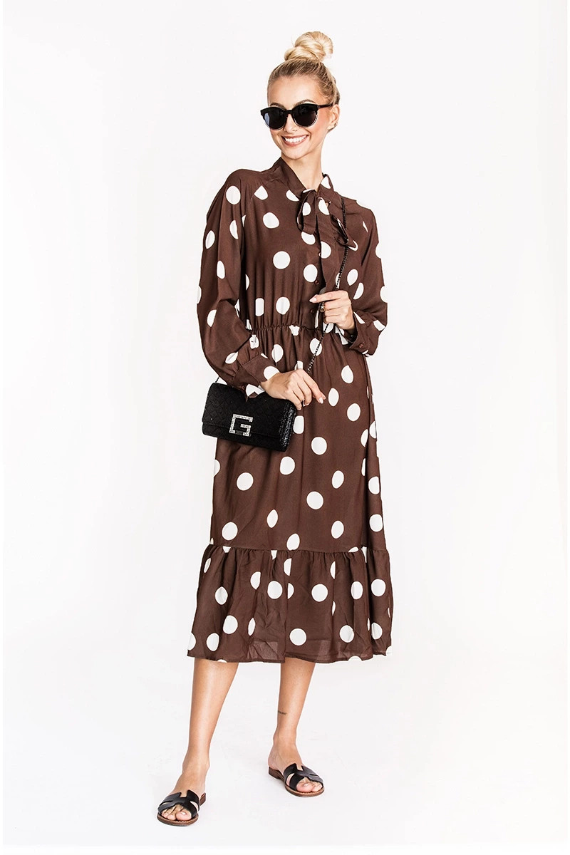 Hnědé dámské puntíkované šaty s vázáním ve výstřihu Ann Gissy (DLY019) odcienie brązu XL (42)