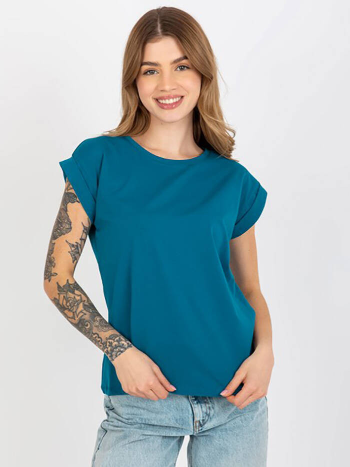 Bavlněné dámské tričko t-shirt v mořské barvě s ohrnutými rukávky Feel Good (4833-25) odcienie niebieskiego L (40)