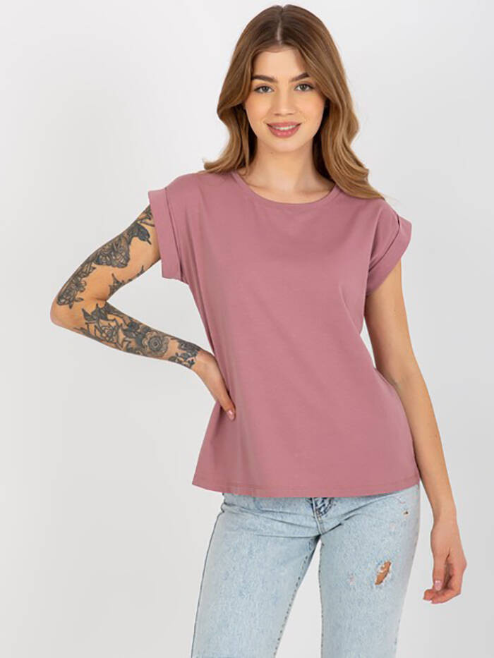Bavlněné dámské tričko t-shirt ve špinavě růžové barvě s ohrnutými rukávky Feel Good (4833-35) odcienie różu L (40)
