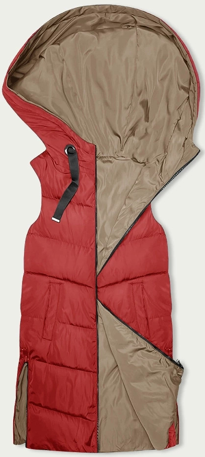 Červeno-béžová dlouhá dámská oboustranná vesta (B8248-4) odcienie czerwieni 46