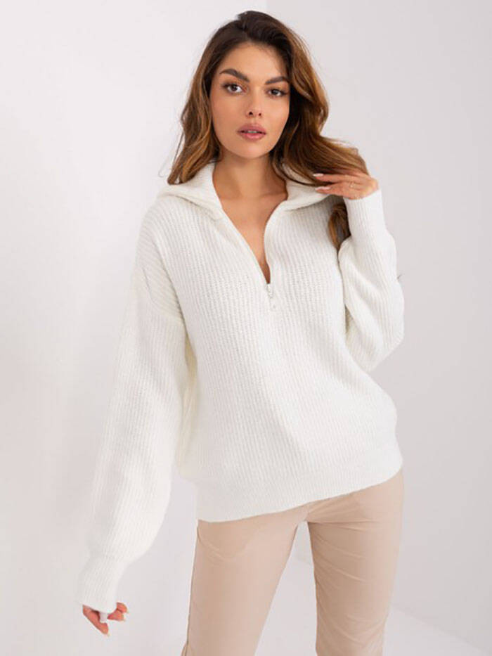 Volný dámský svetr v ecru barvě s rozepínacím rolákem (0374) odcienie bieli ONE SIZE