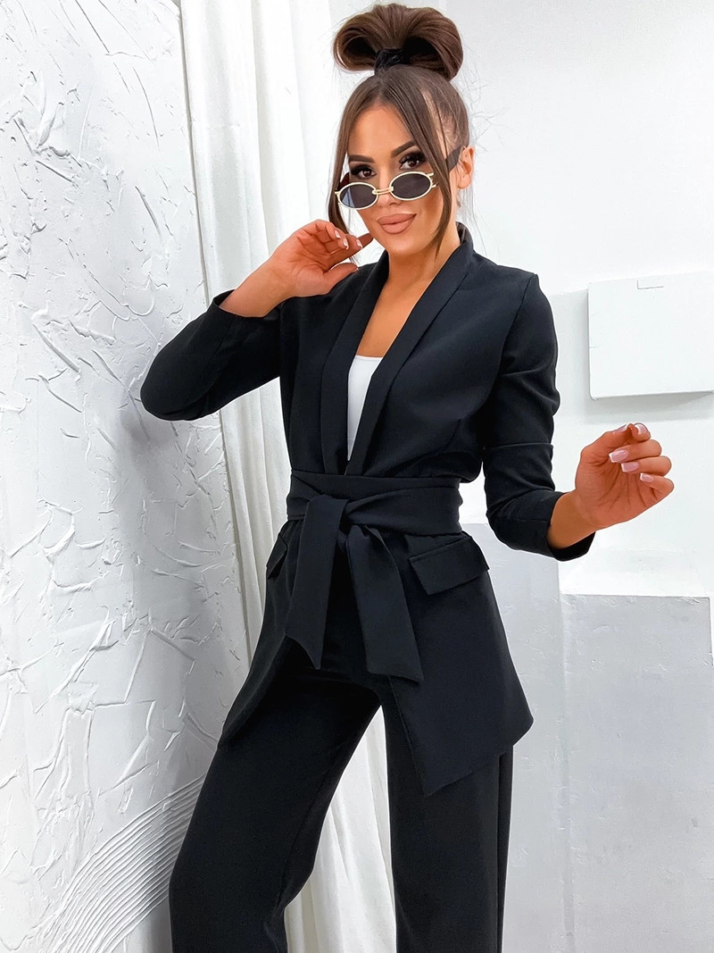Černý dámský komplet - volné sako a široké kalhoty (8167) odcienie czerni M (38)
