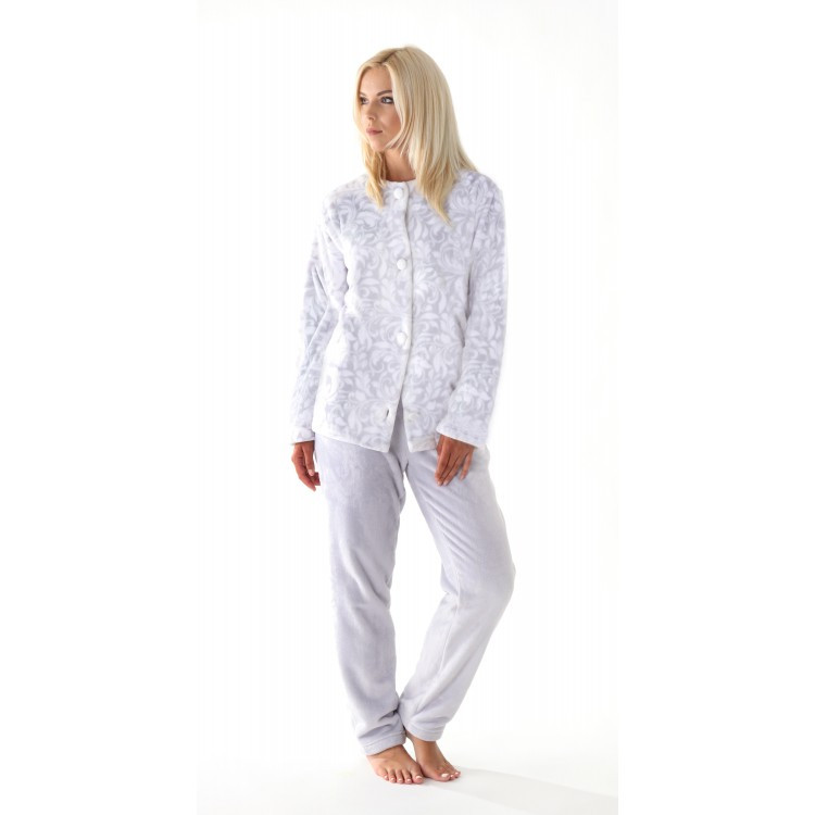FLORA 6356 teplé pyžamo dove grey knoflík S pohodlné domácí oblečení 9102 šedý tisk na bílé