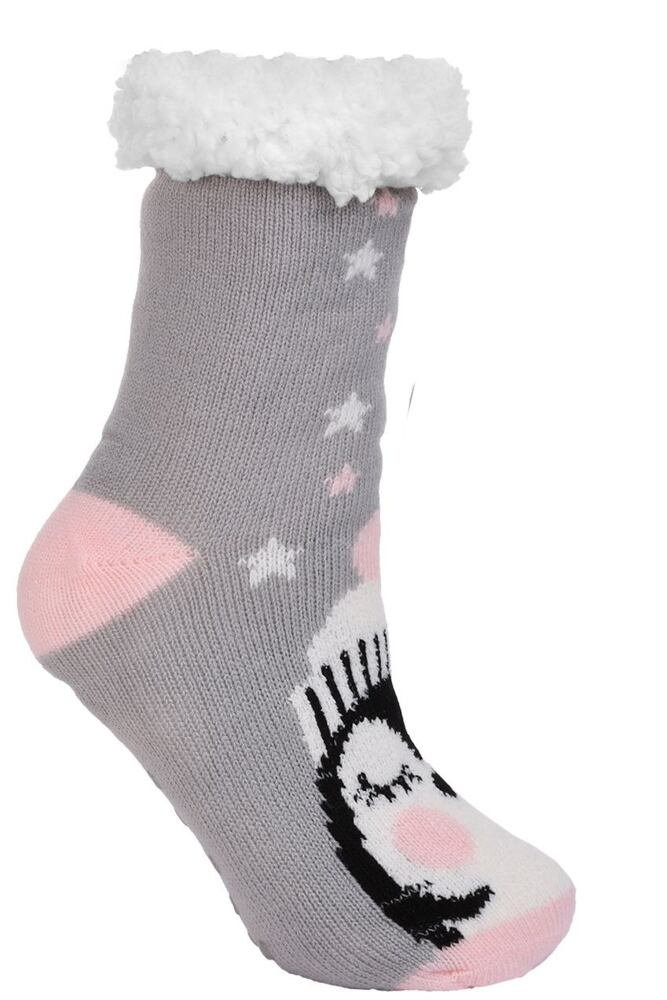 Dětské zateplené ponožky Penguin šedé s nopky růžová 31/34