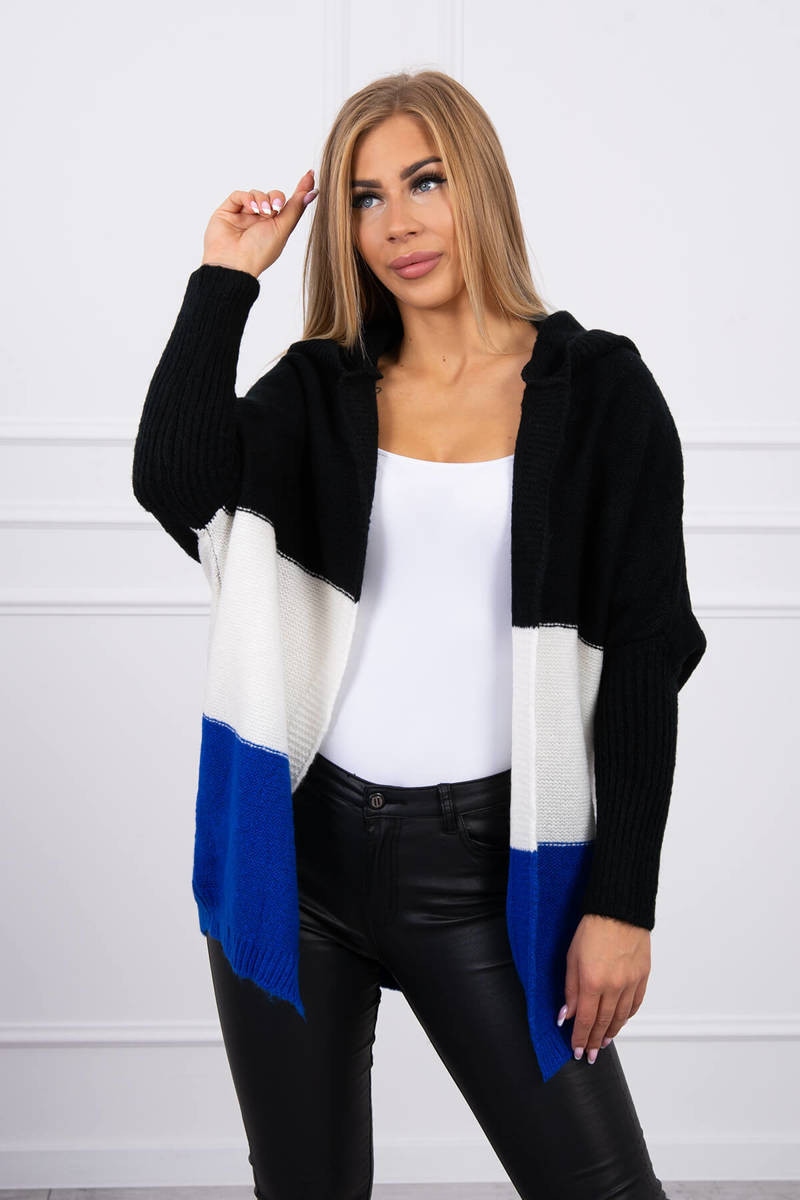 Tříbarevný svetr s kapucí černý+ecru+chabra UNI