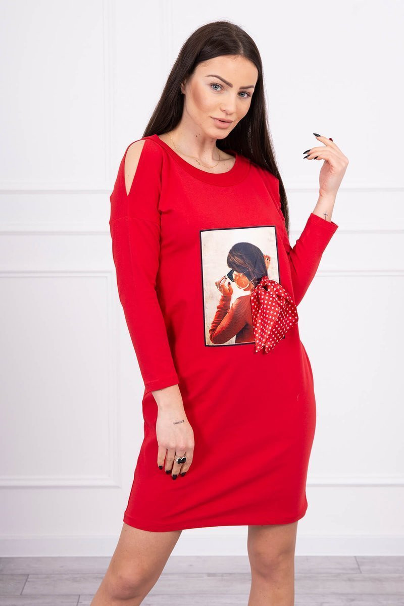 Šaty s grafikou a 3D hráškovou mašlí červené UNI