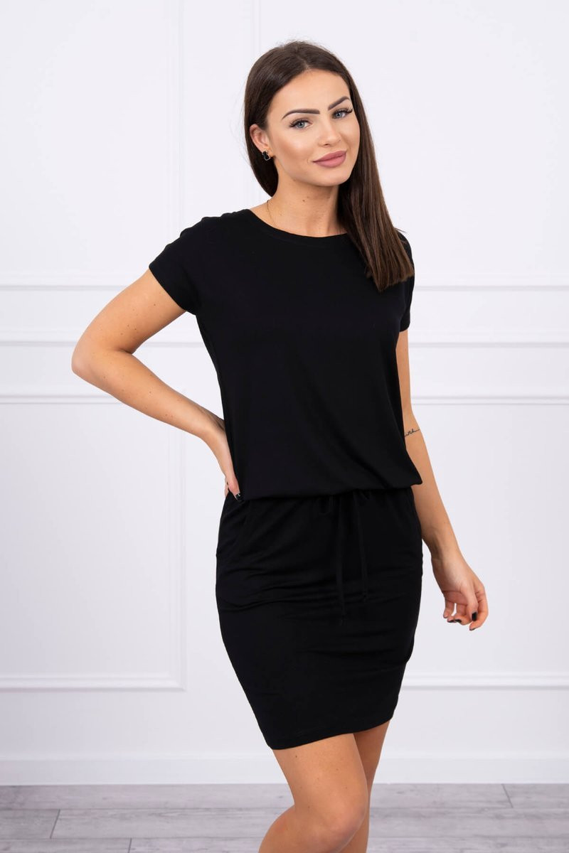 Viskózové šaty s krátkým rukávem v pase černé UNI