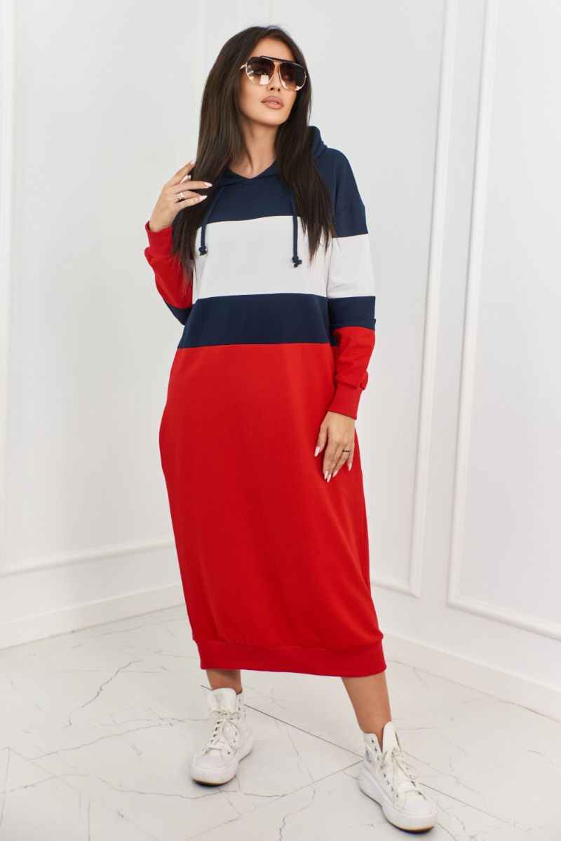 Trikolorní šaty s kapucí námořnická modř + bílá + červená UNI