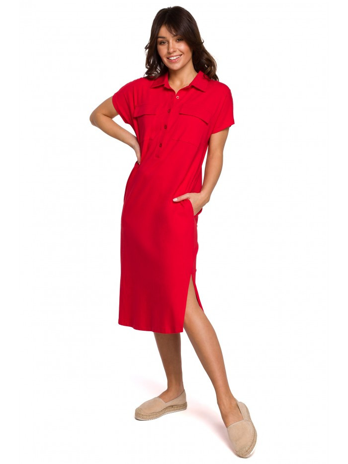 B222 Safari šaty s kapsami s klopou - červené EU M