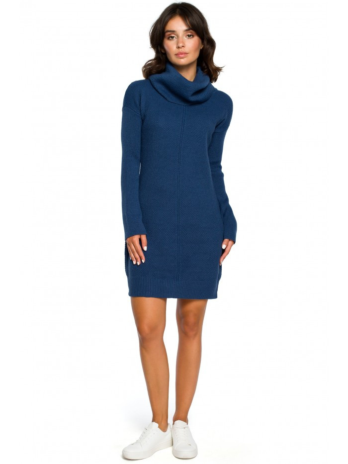 BK010 Pletené svetrové šaty s vysokým výstřihem - modré EU UNI