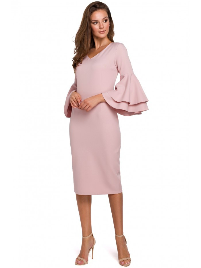 K002 Plášťové šaty s volánkovými rukávy - krémově růžové EU XL