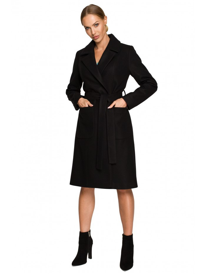 M708 Fleecový kabát s páskem a kapsami - černý EU L