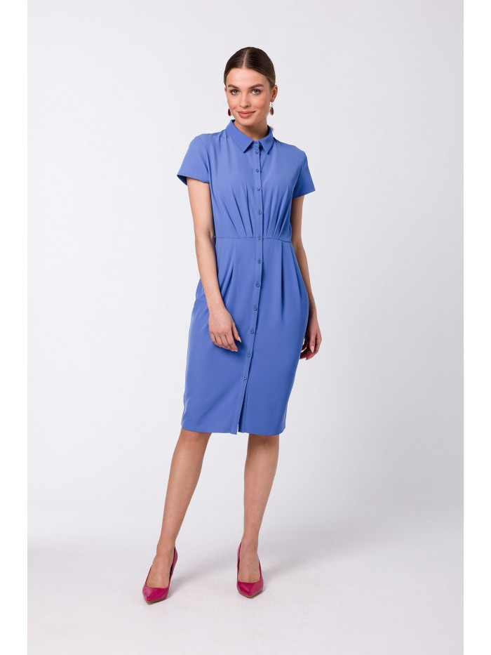 S335 Košilové šaty s řasením - modré EU S