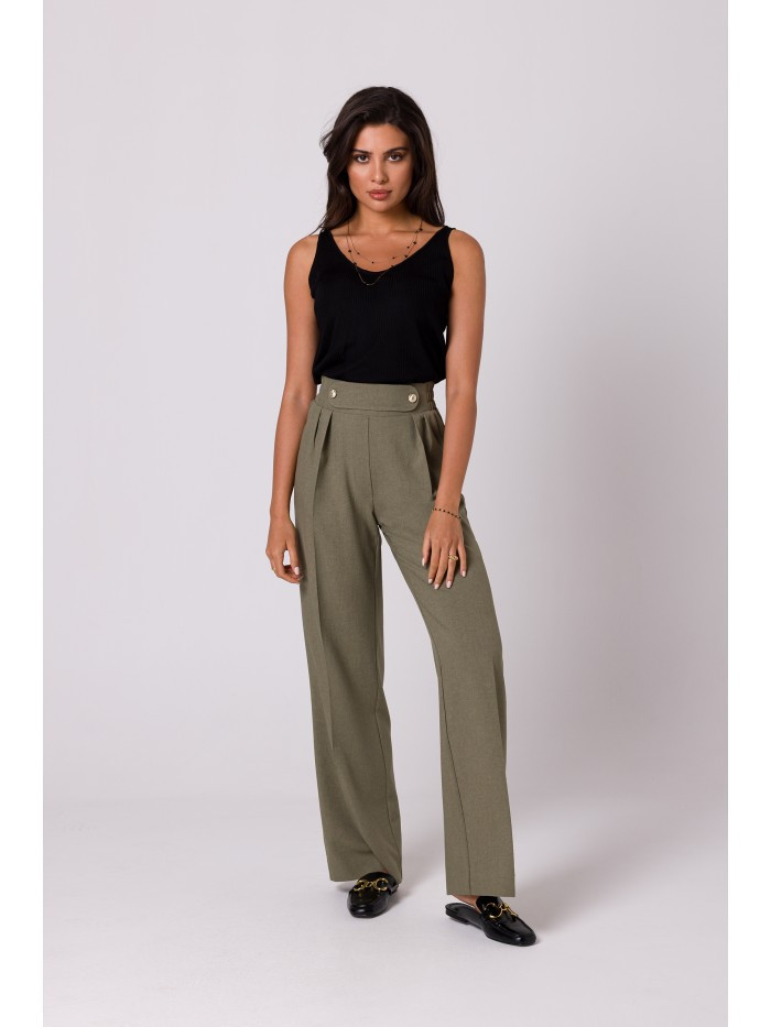 B252 Široké kalhoty s ozdobnými knoflíky - olivová barva EU S