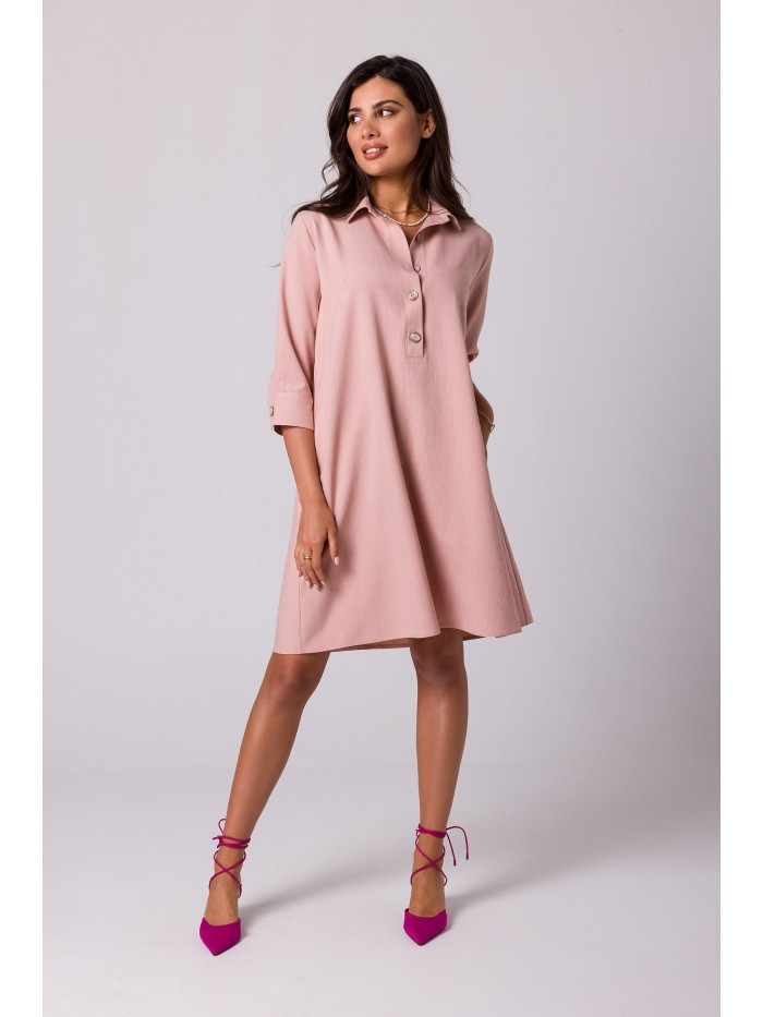 B257 Rozšířené košilové šaty - růžové EU S
