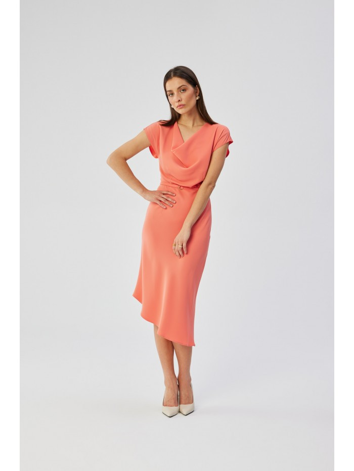 S362 Asymetrické pouzdrové šaty s kapucí - oranžové EU M