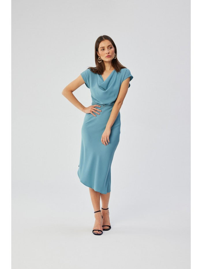 S362 Asymetrické pouzdrové šaty s výstřihem - nebesky modré EU XL
