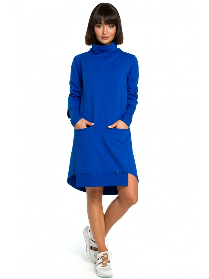 B089 Asymetrické šaty s rolovaným výstřihem - královská modř EU L