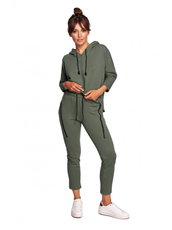 B240 Úzké pletené kalhoty s ozdobnými zipy - khaki barva EU XXL