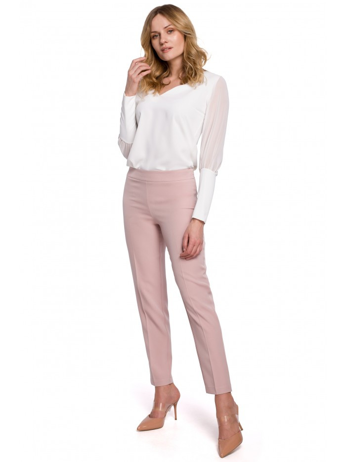 K055 Kalhoty s úzkými nohavicemi - krepová růžová EU M