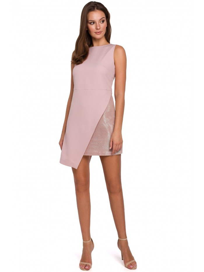 K014 Mini šaty s asymetrickým lemem - krepové růžové EU XXL