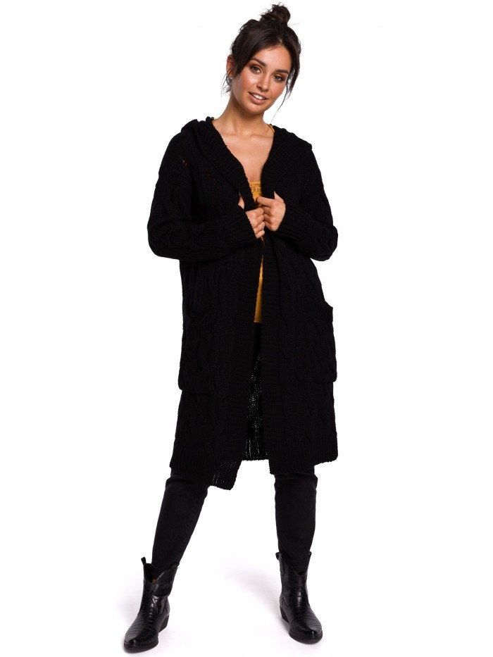 BK033 Pletený plisovaný svetr s kapucí - černý EU S/M