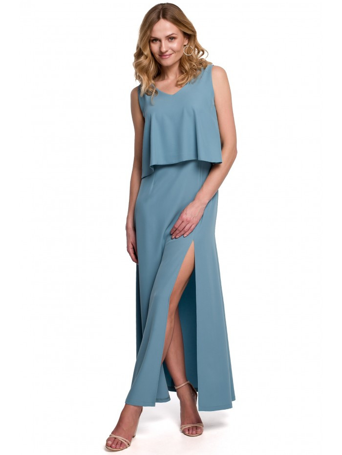 K048 Maxi šaty s volánkem - nebesky modré EU L