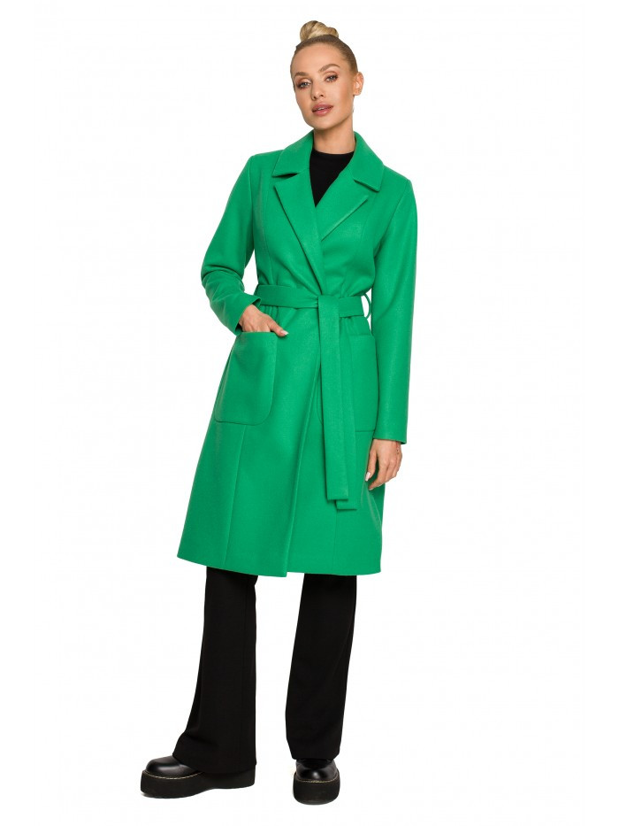 M708 Fleecový kabát s páskem a kapsami s nášivkami - zelený EU XXL