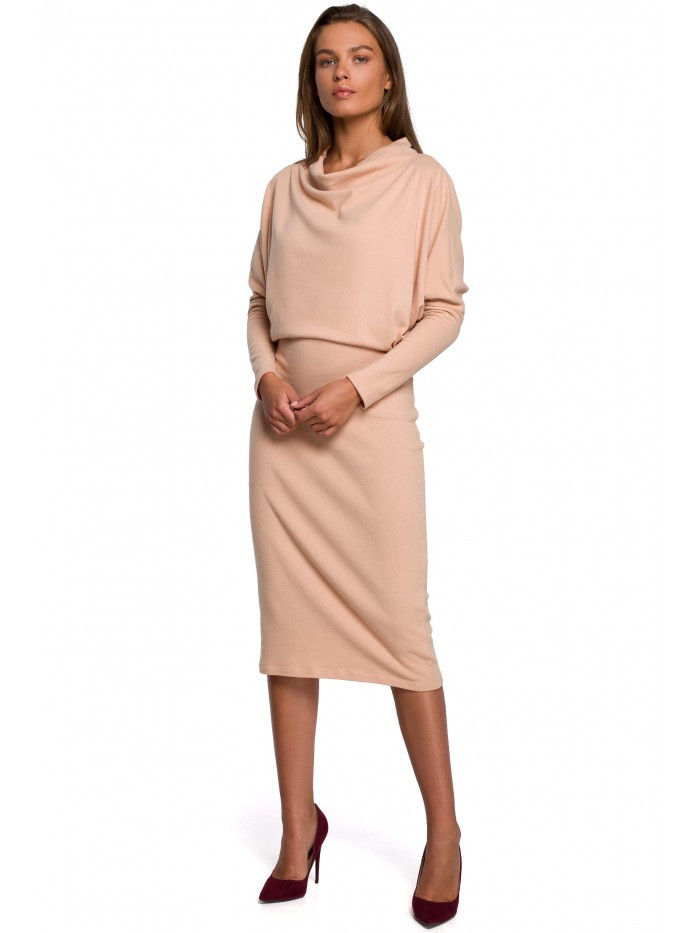 S245 Pletené šaty s límečkem - béžové EU L/XL