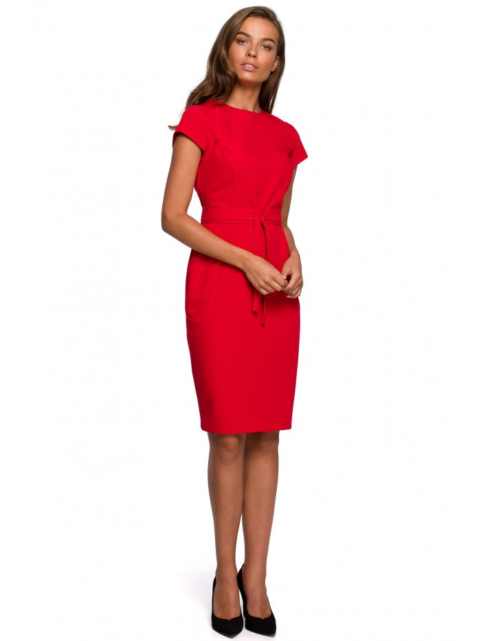 S239 Tužkové šaty s páskem na zavázání - červené EU XL