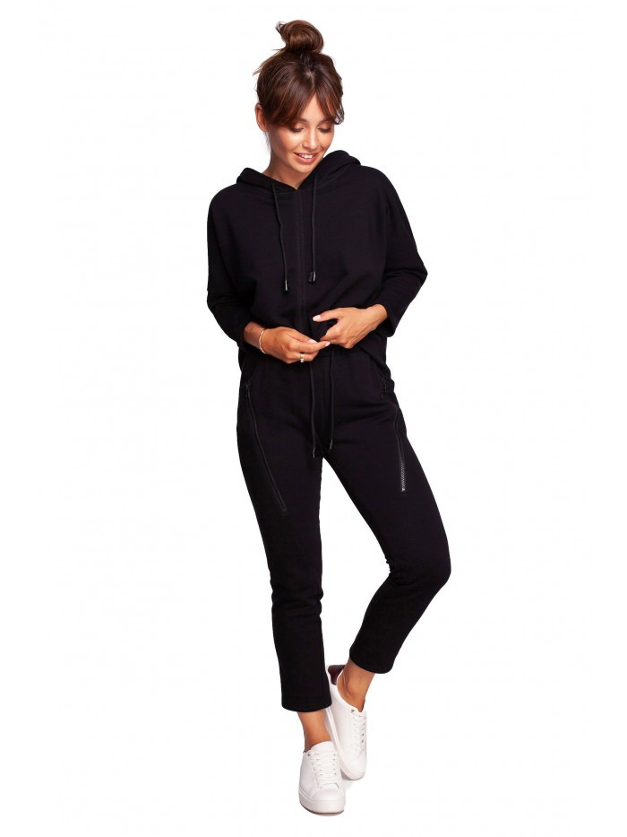 B240 Úzké pletené kalhoty s ozdobnými zipy - černé EU XL