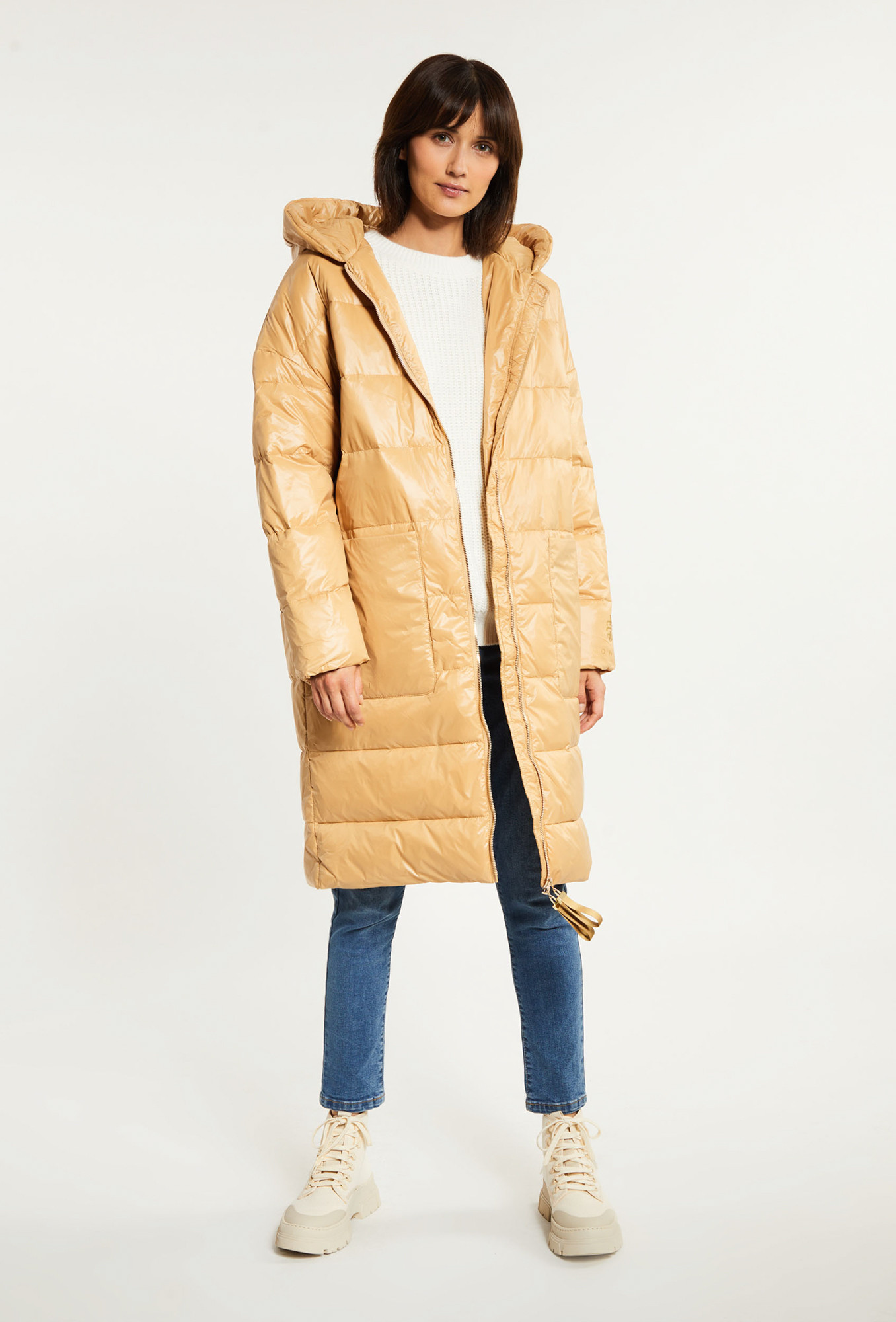 Monnari Kabáty Péřový prošívaný kabát s kapucí Light Beige 44
