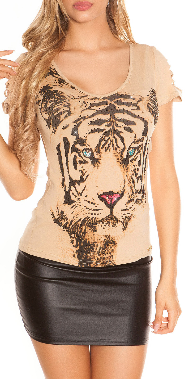 Sexy tričko KouCla s tygřím potiskem a trhlinami barva CORAL velikost S/M