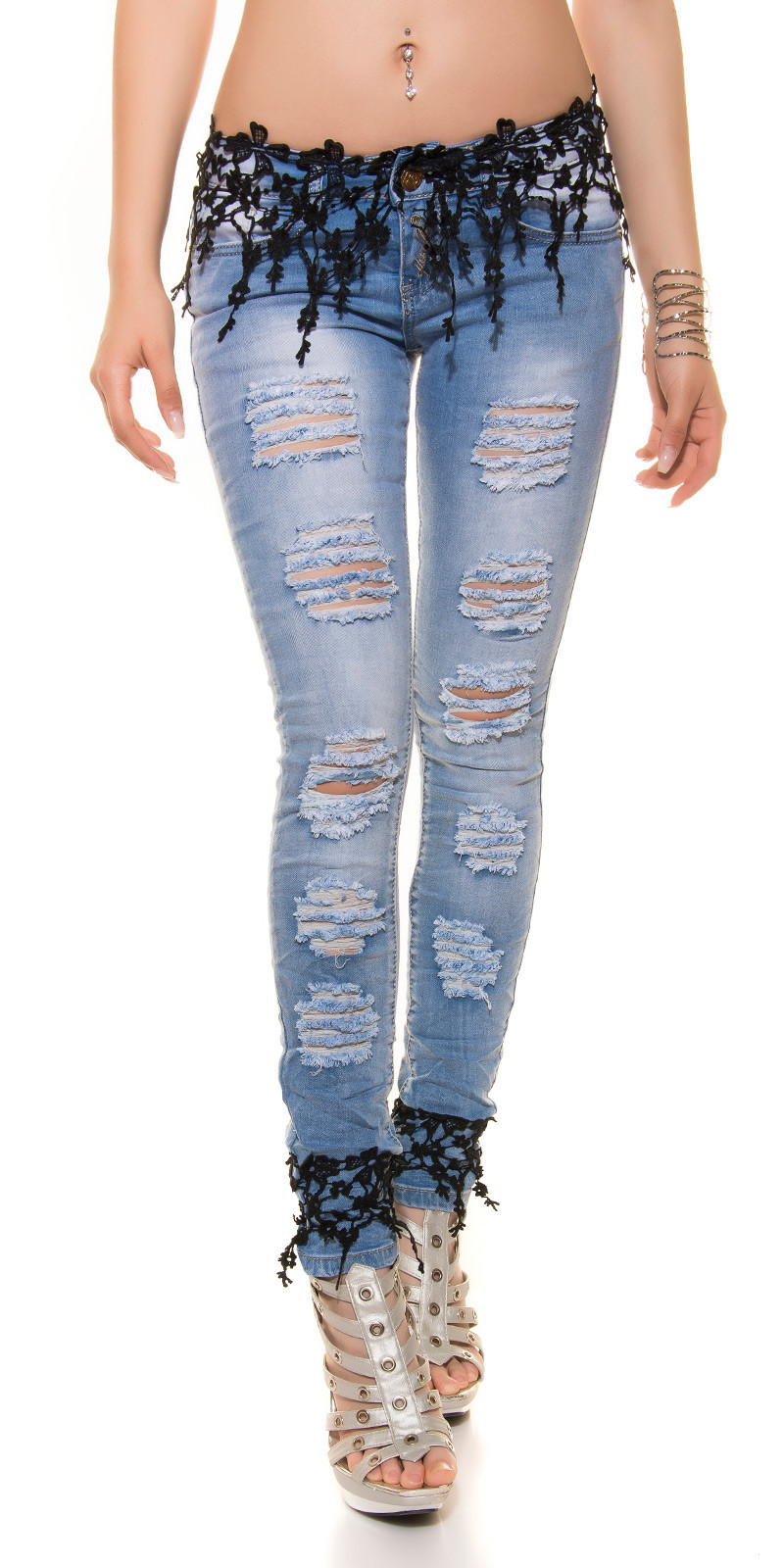 Sexy KouCla Skinny Jeans zničený vzhled + krajka black 36