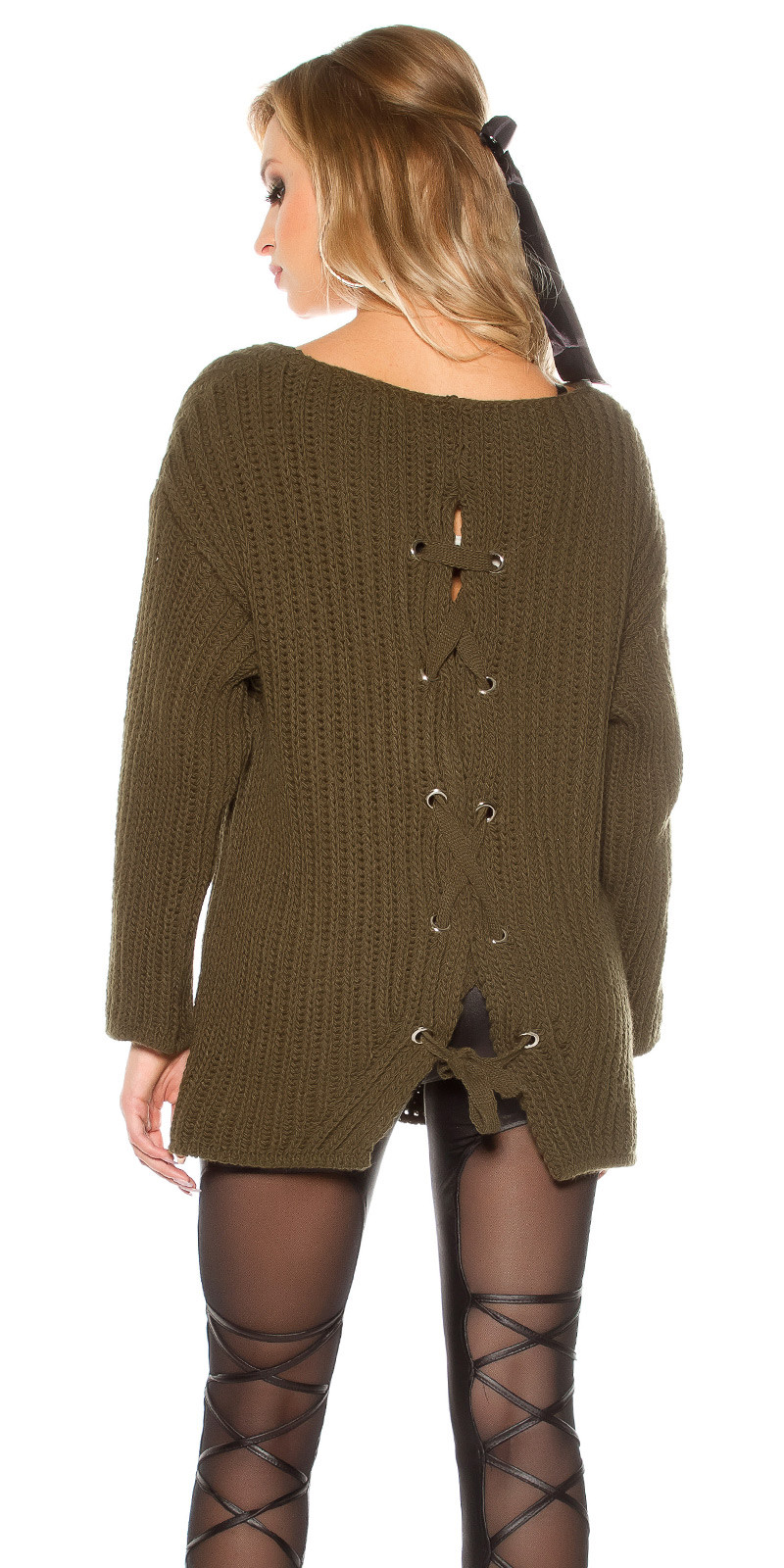 Trendy XXL volný pletený svetr s. šněrování v zadní části barva KHAKI velikost Einheitsgroesse